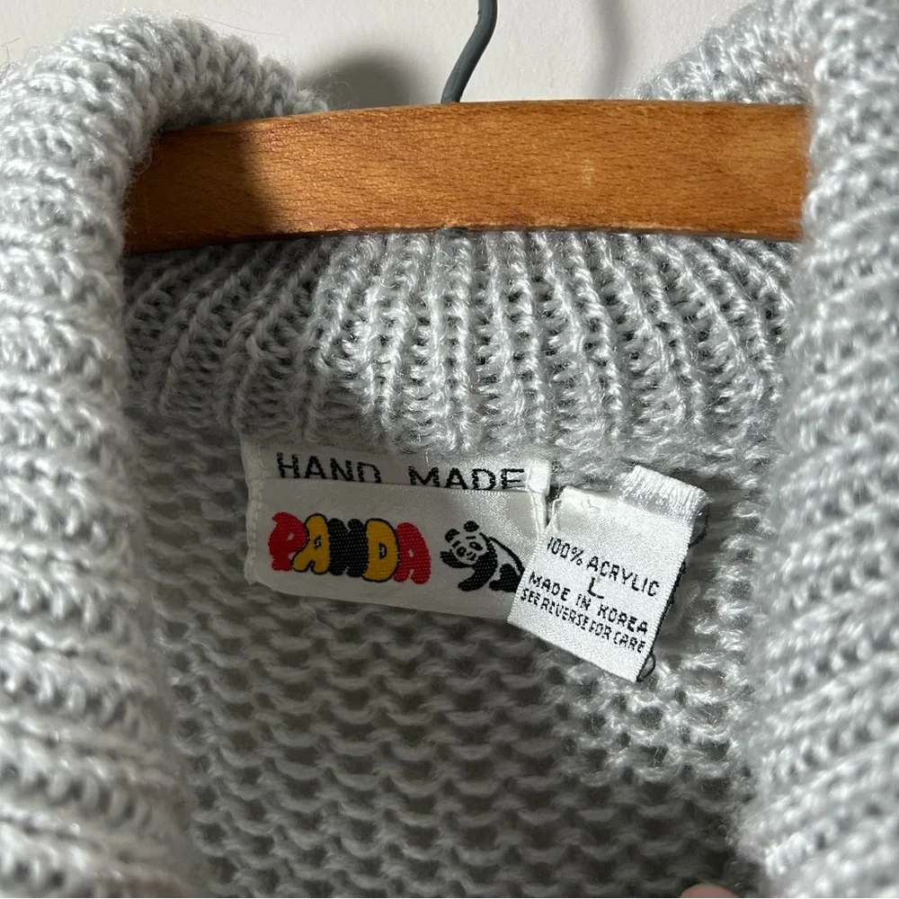 Vintage Hand Made Panda Collared Knit Sweater Womens L Grey Black